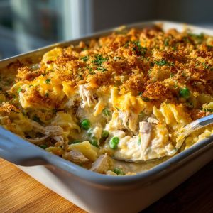 Close-up of Tuna Casserole with noodles, tuna, peas, creamy sauce, and a golden-brown topping.