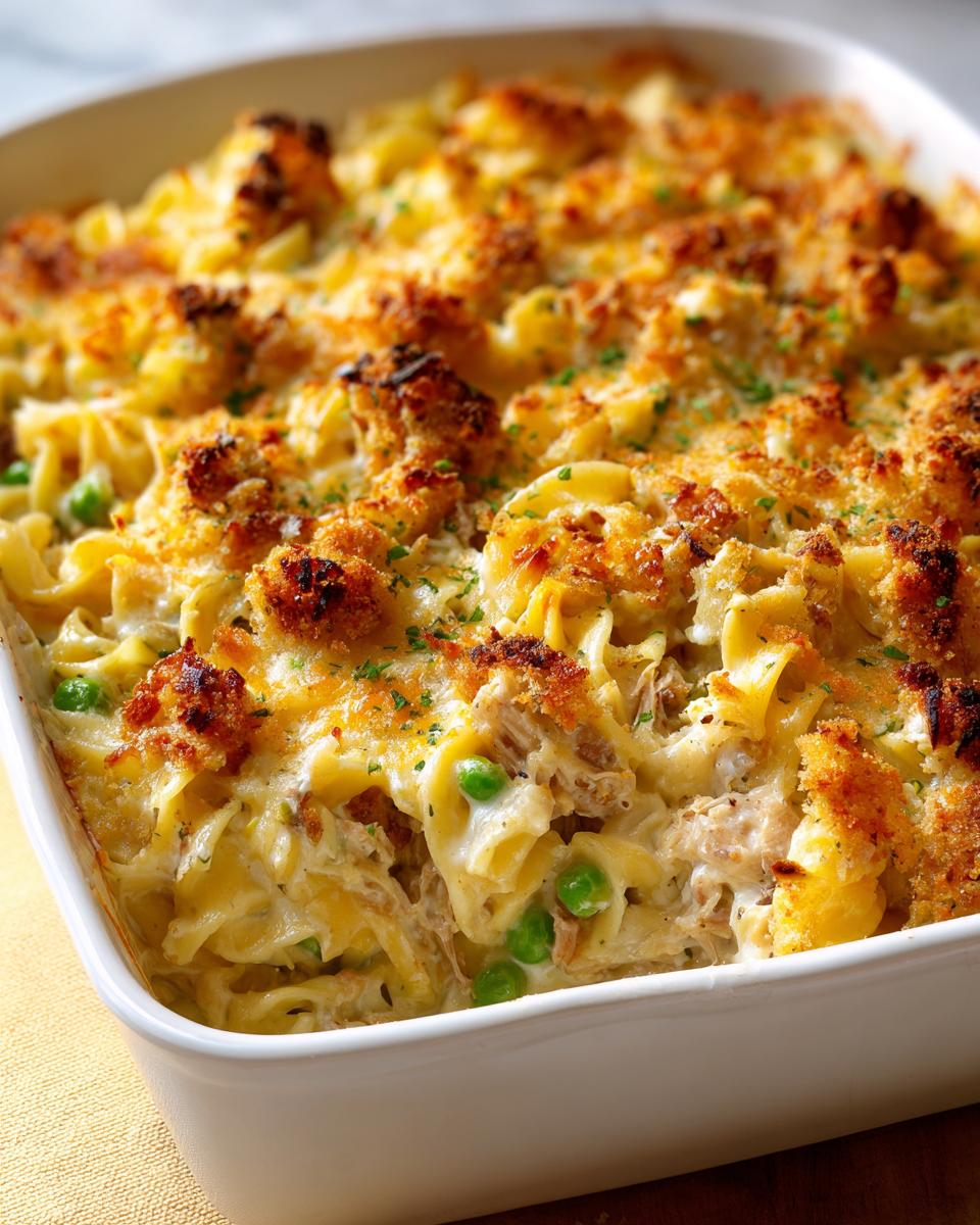 Close-up of a creamy Tuna Casserole with egg noodles, peas, and a golden-brown topping.