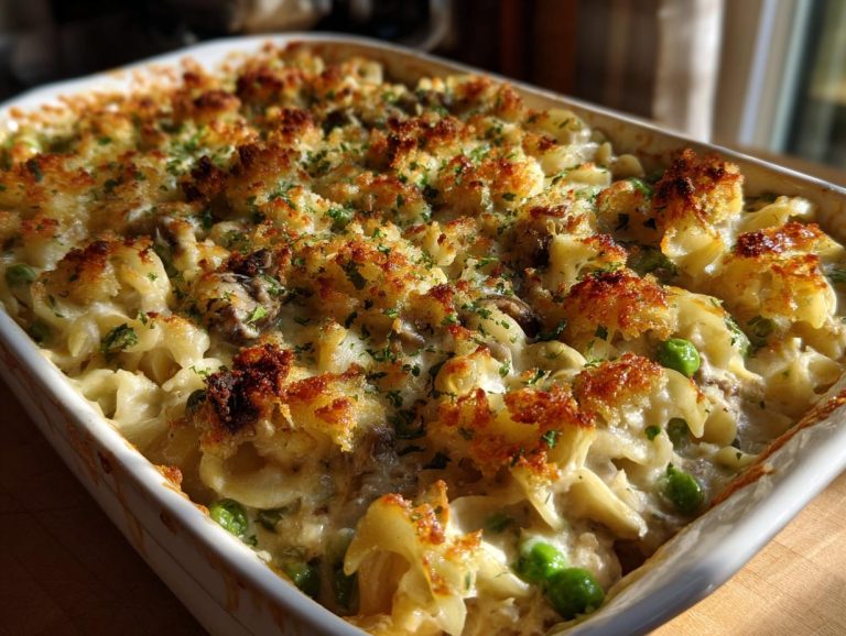 Freshly baked Tuna Casserole in a white dish, featuring noodles, peas, mushrooms, and a golden-brown topping.