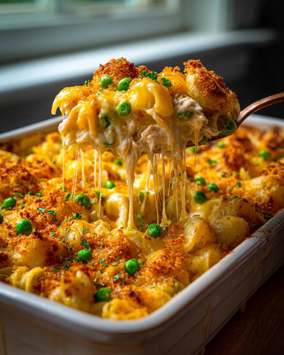 Spoon lifting a portion of cheesy tuna casserole with noodles, peas, and a golden crust.
