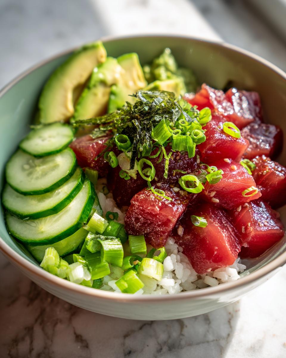 A colorful Tuna Poke Bowl with tuna, avocado, cucumber, rice, and green onions.