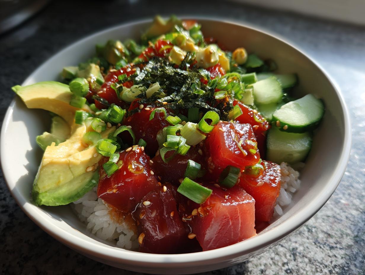 A vibrant Tuna Poke Bowl filled with tuna, avocado, cucumber, seaweed, and rice.
