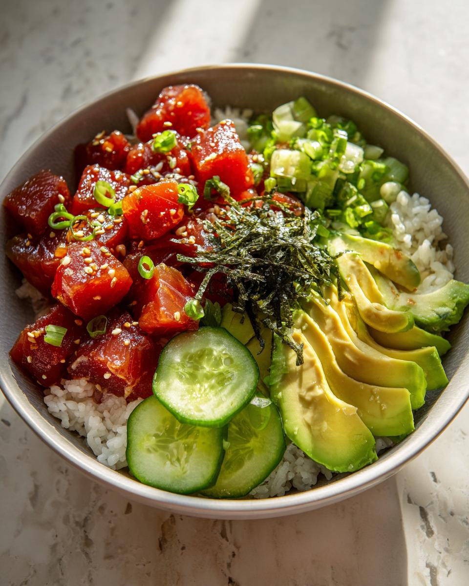 A vibrant Tuna Poke Bowl with tuna, avocado, cucumber, rice, and seaweed, garnished with sesame seeds and green onions.