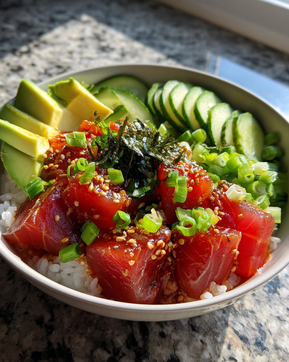 A vibrant Tuna Poke Bowl with tuna, rice, avocado, cucumber, seaweed, and green onions.