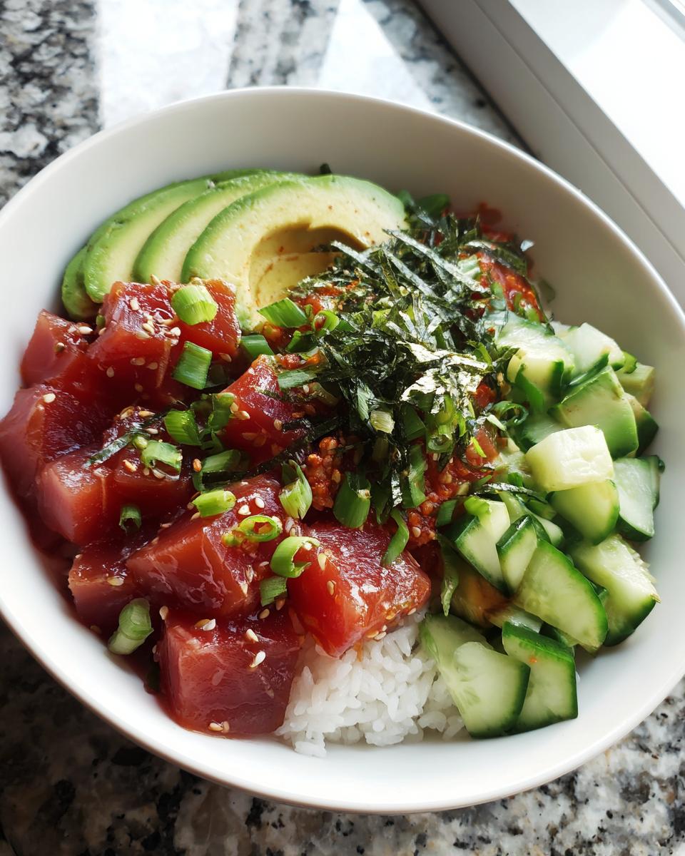 A vibrant Tuna Poke Bowl with tuna, avocado, cucumber, rice, and seaweed, garnished with sesame seeds and green onions.