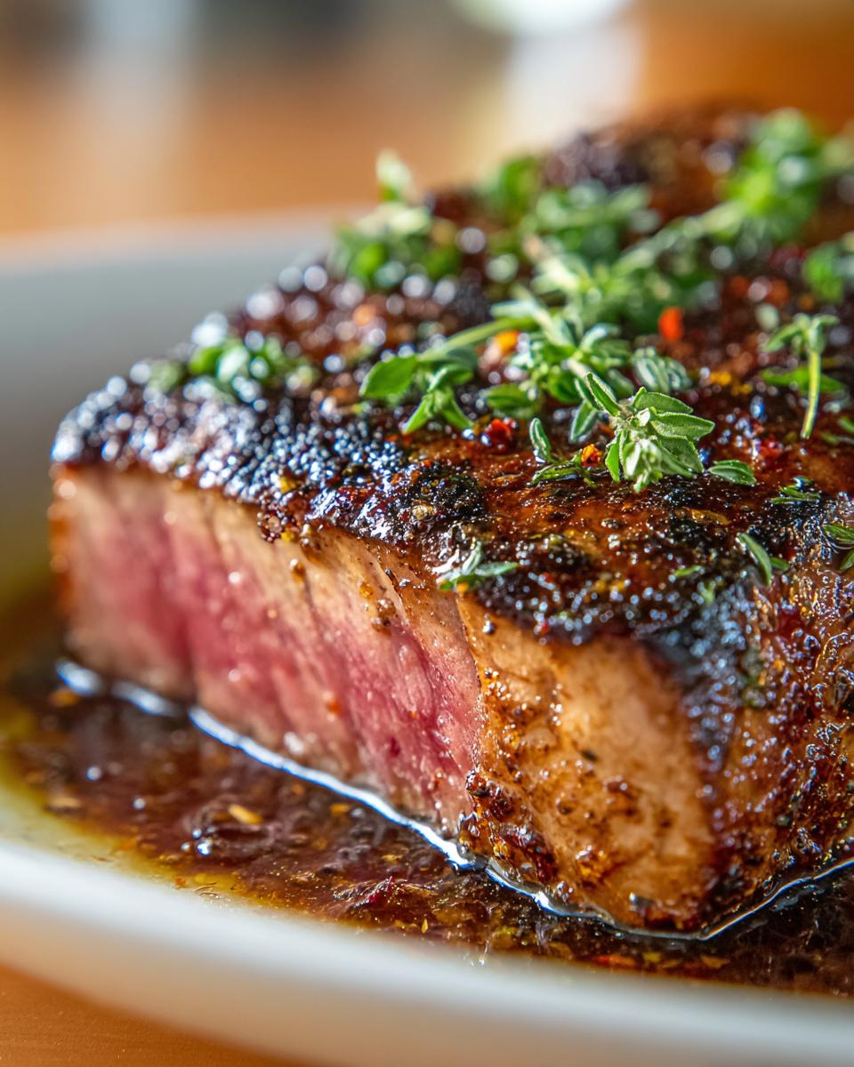 Close-up of a grilled tuna steak with herbs, sitting in a flavorful MARINADE FOR TUNA STEAK.