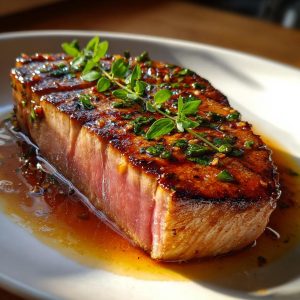 Close-up of a tuna steak with a flavorful MARINADE FOR TUNA STEAK, garnished with fresh herbs.