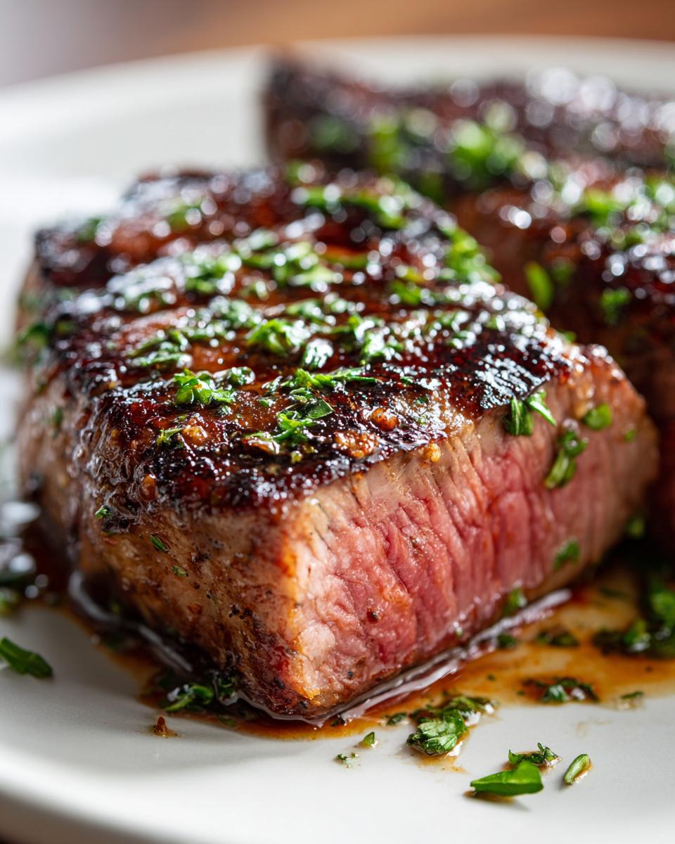 Close-up of a tuna steak with a delicious MARINADE FOR TUNA STEAK, garnished with fresh herbs.