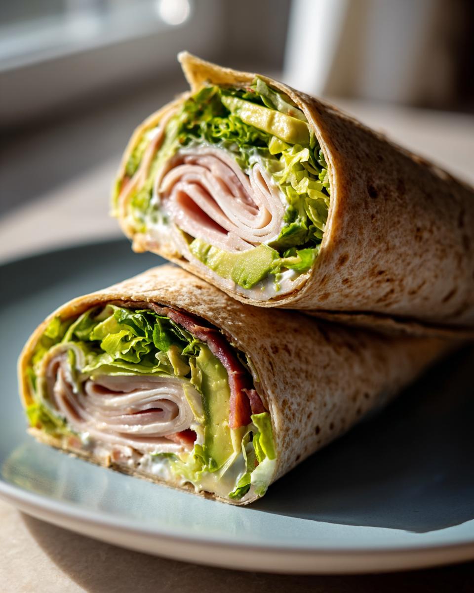 A turkey avocado wrap cut in half, showcasing the layers of turkey, avocado, lettuce, and creamy sauce.