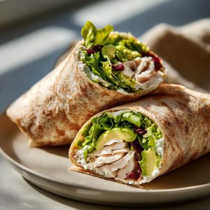 A halved turkey avocado wrap showing layers of turkey, avocado, lettuce, and cranberries.