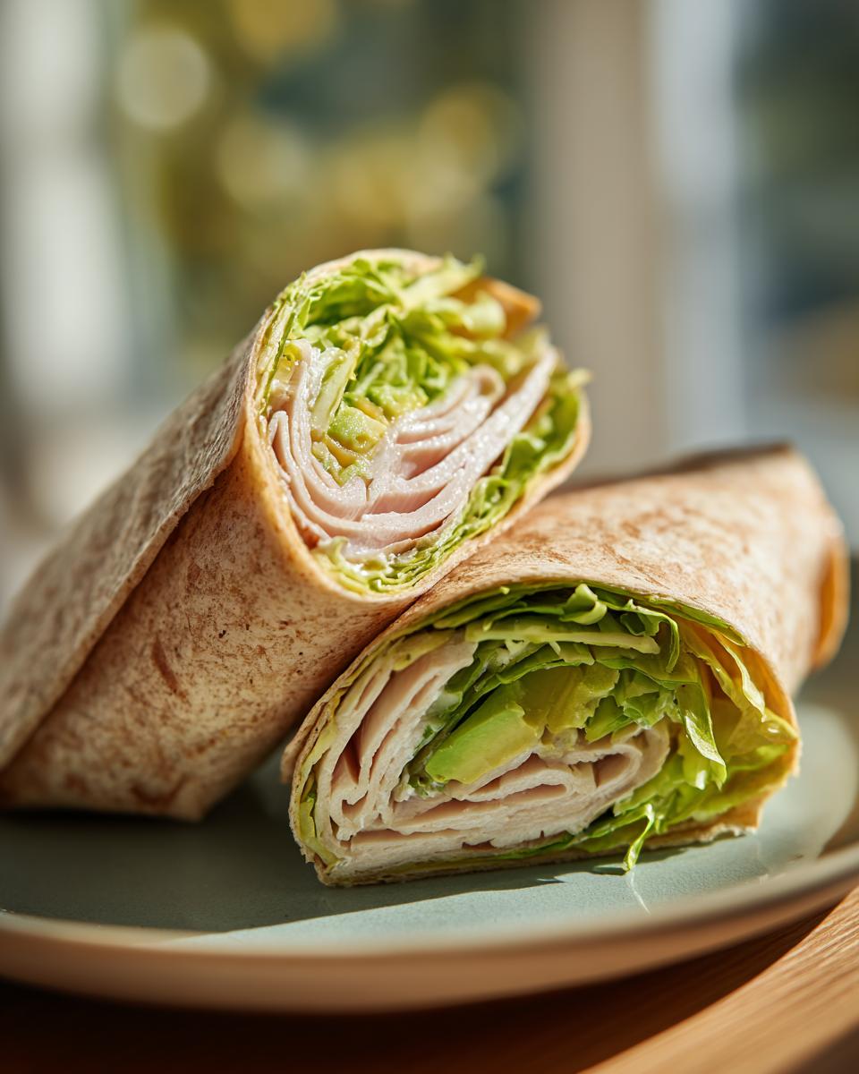 A turkey avocado wrap, sliced in half, showing layers of turkey, avocado, and lettuce inside a whole wheat tortilla.