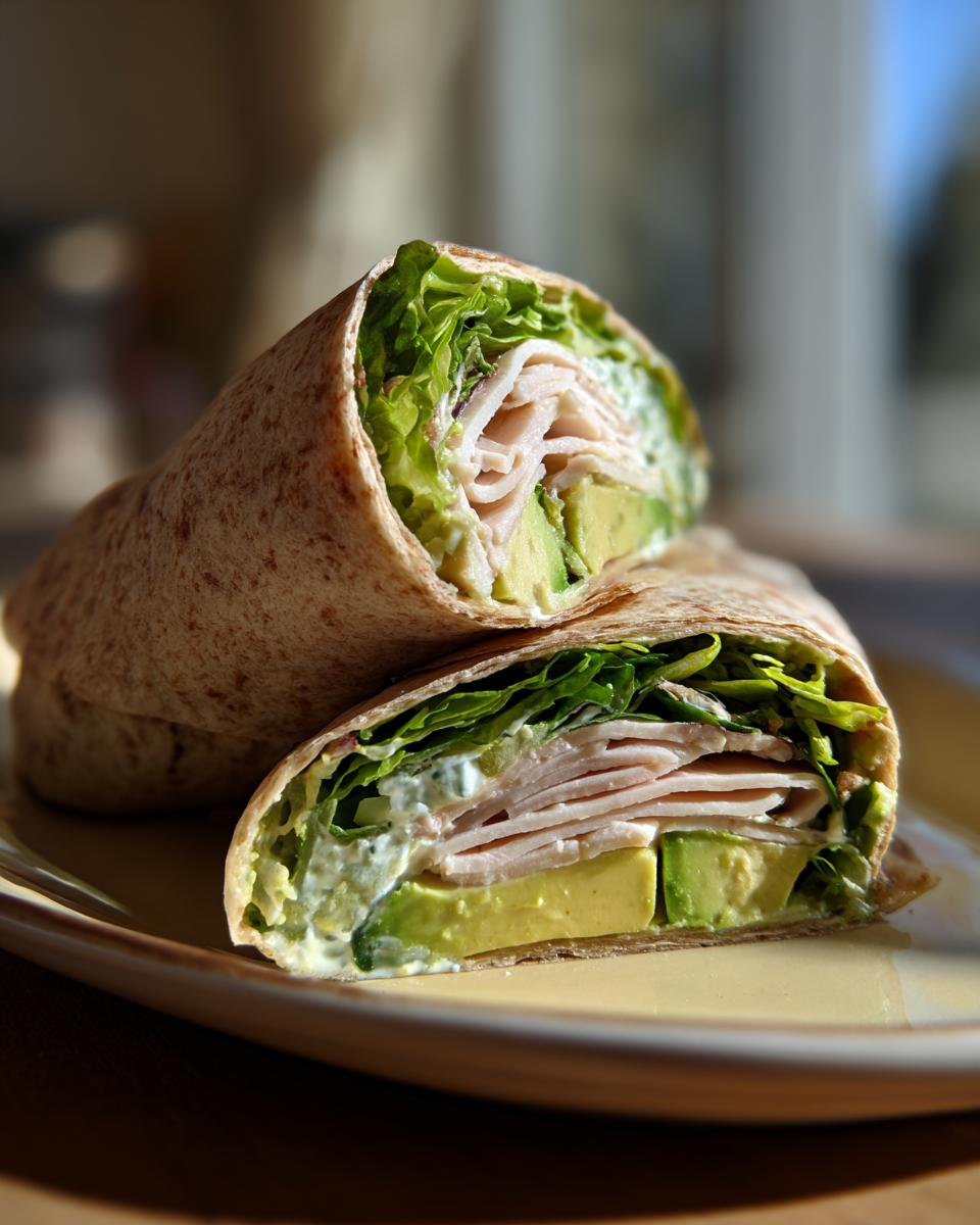 A sliced turkey avocado wrap showing layers of turkey, avocado, lettuce, and creamy sauce.