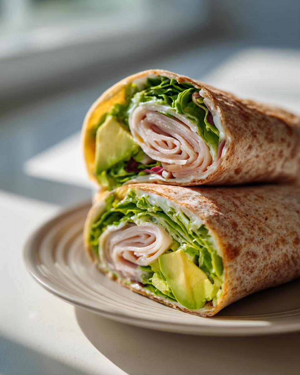 Two halves of a turkey avocado wrap stacked on a plate, showcasing the turkey, avocado, and lettuce filling.