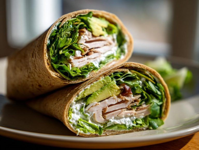 Two halves of a turkey avocado wrap stacked on a plate, showcasing the turkey, avocado, and greens filling.