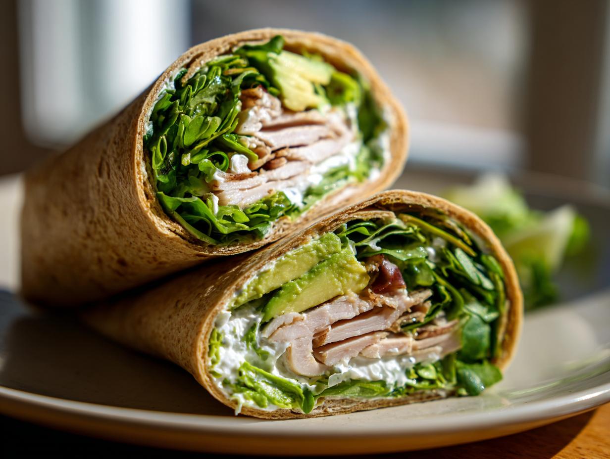 Two halves of a turkey avocado wrap stacked on a plate, showcasing the turkey, avocado, and greens filling.