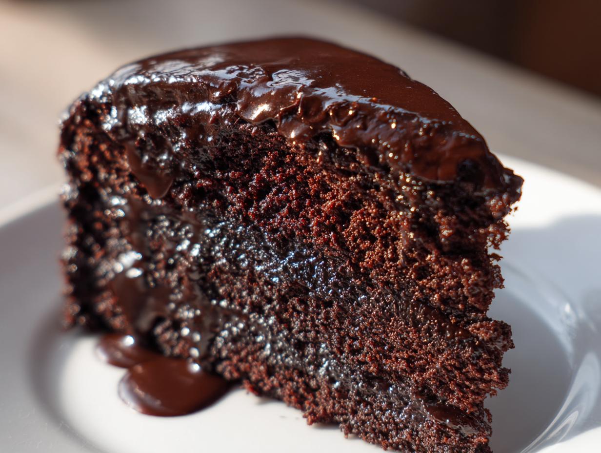 A decadent slice of Vegan Chocolate Cake with rich chocolate ganache dripping down the sides.