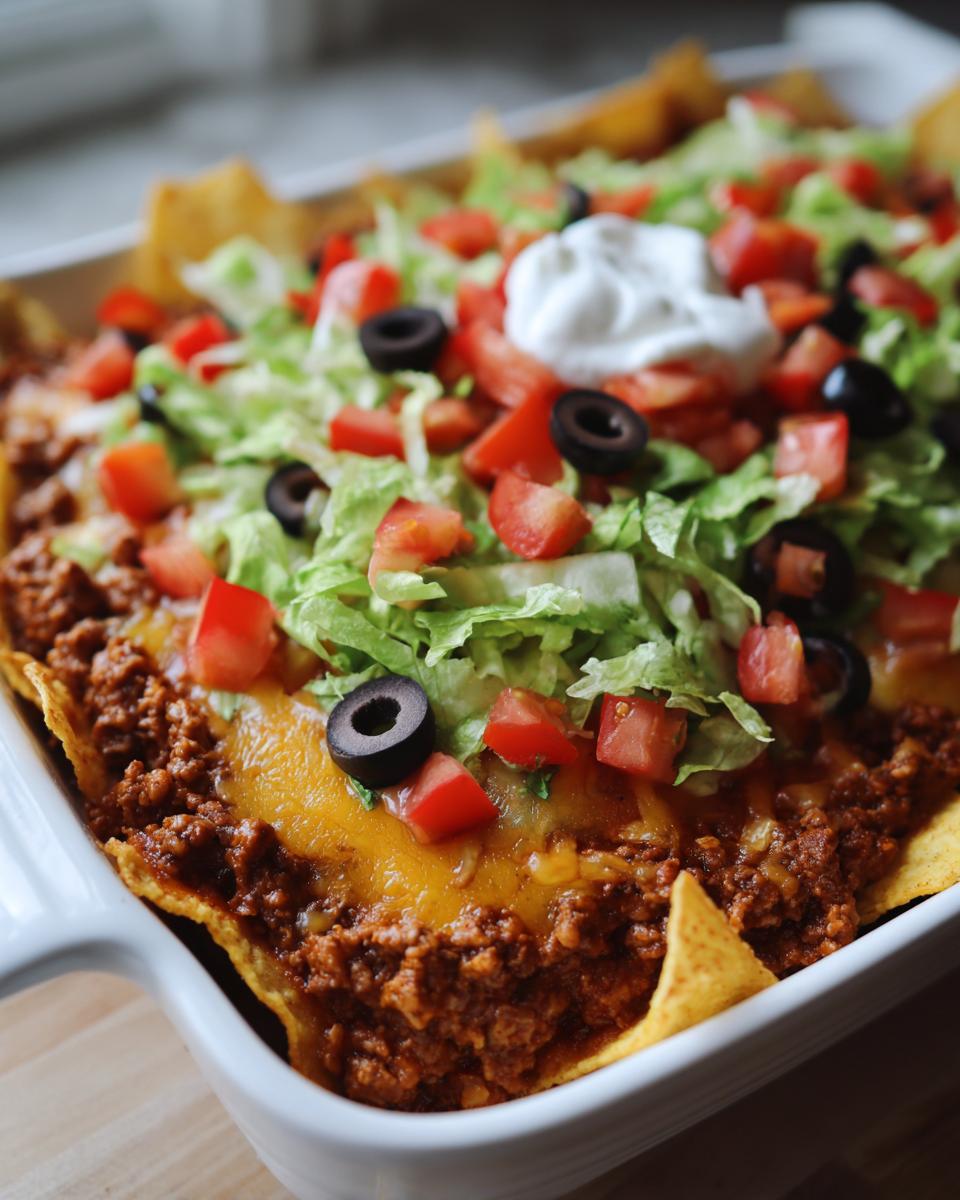 Overhead shot of a Walking taco casserole in a white baking dish, topped with lettuce, tomatoes, olives, and sour cream.