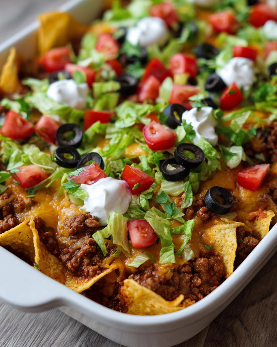 Overhead view of a Walking taco casserole in a white baking dish, topped with lettuce, tomatoes, olives, and sour cream.