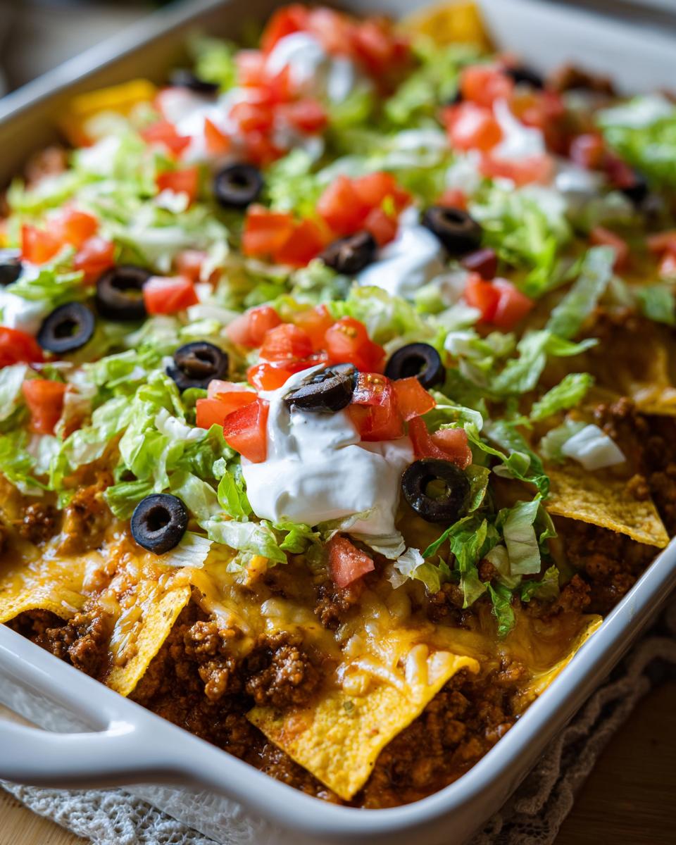 Close-up of a Walking taco casserole in a white baking dish, topped with lettuce, tomatoes, olives, and sour cream.