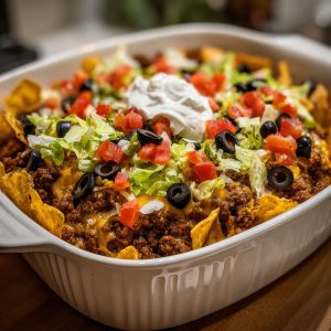 A freshly baked Walking taco casserole in a white dish, topped with lettuce, tomatoes, olives, and sour cream.