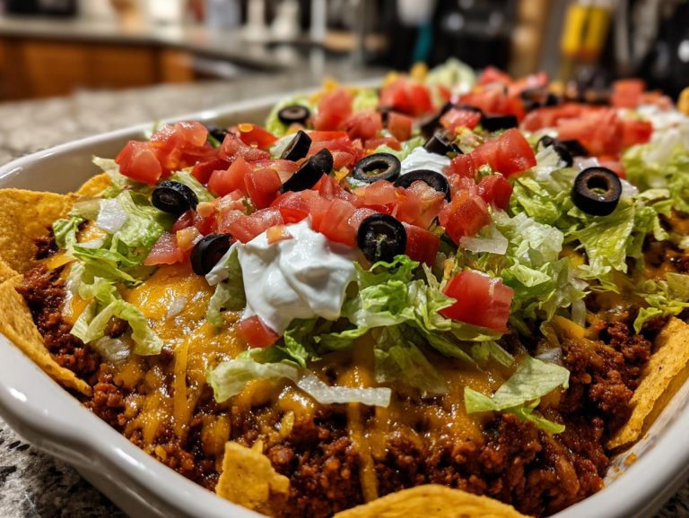 Overhead shot of a Walking taco casserole with ground beef, cheese, lettuce, tomatoes, olives, and sour cream toppings.
