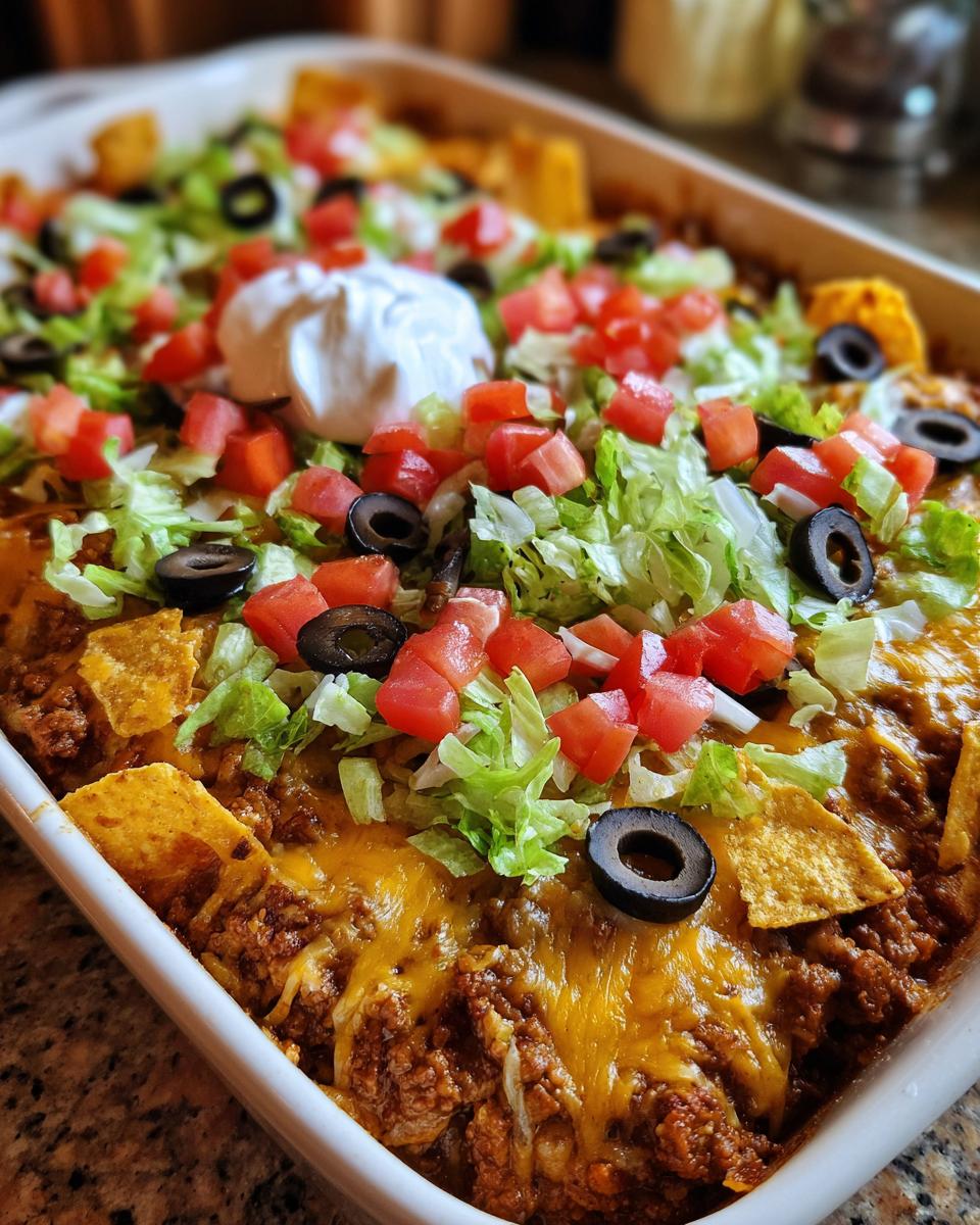 Close-up of Walking taco casserole in a baking dish, topped with lettuce, tomatoes, olives, sour cream, and tortilla chips.