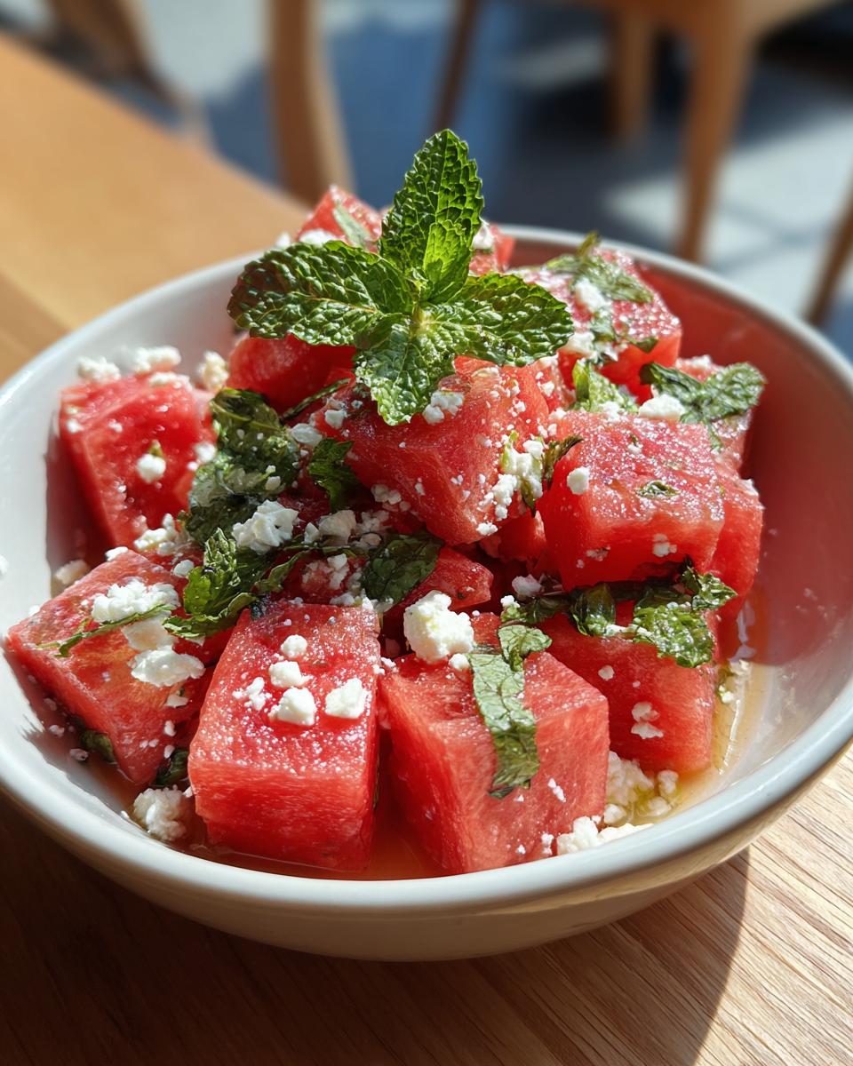Close-up of a refreshing watermelon feta salad in a bowl, garnished with fresh mint leaves.