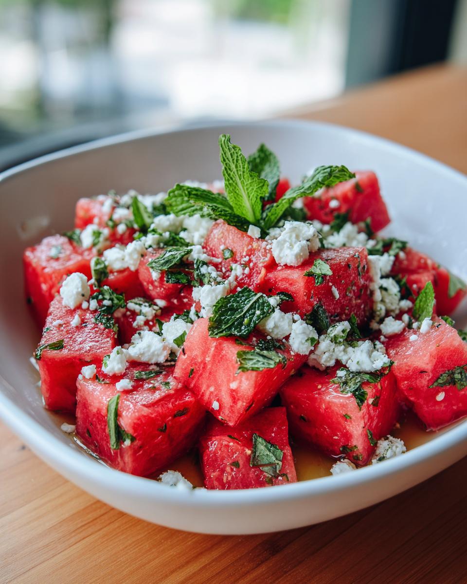 Close-up of a Watermelon feta salad in a white bowl, garnished with fresh mint leaves.