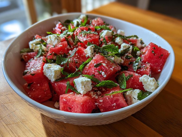 A vibrant bowl of watermelon feta salad with fresh mint. A refreshing summer treat.