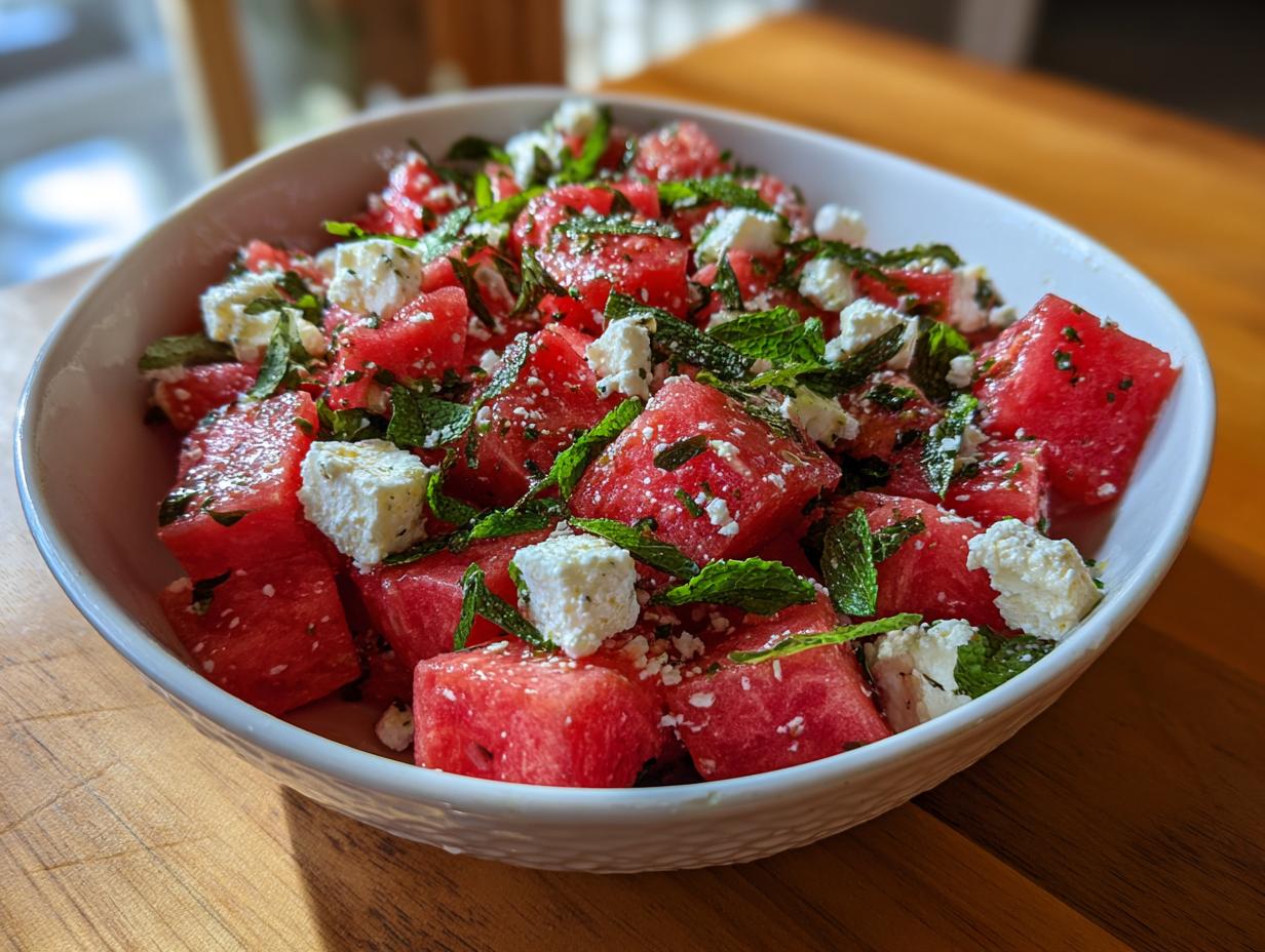 A vibrant bowl of watermelon feta salad with fresh mint. A refreshing summer treat.