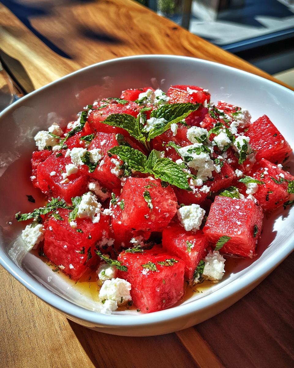A vibrant bowl of watermelon feta salad with fresh mint, ready to enjoy. A refreshing summer treat.