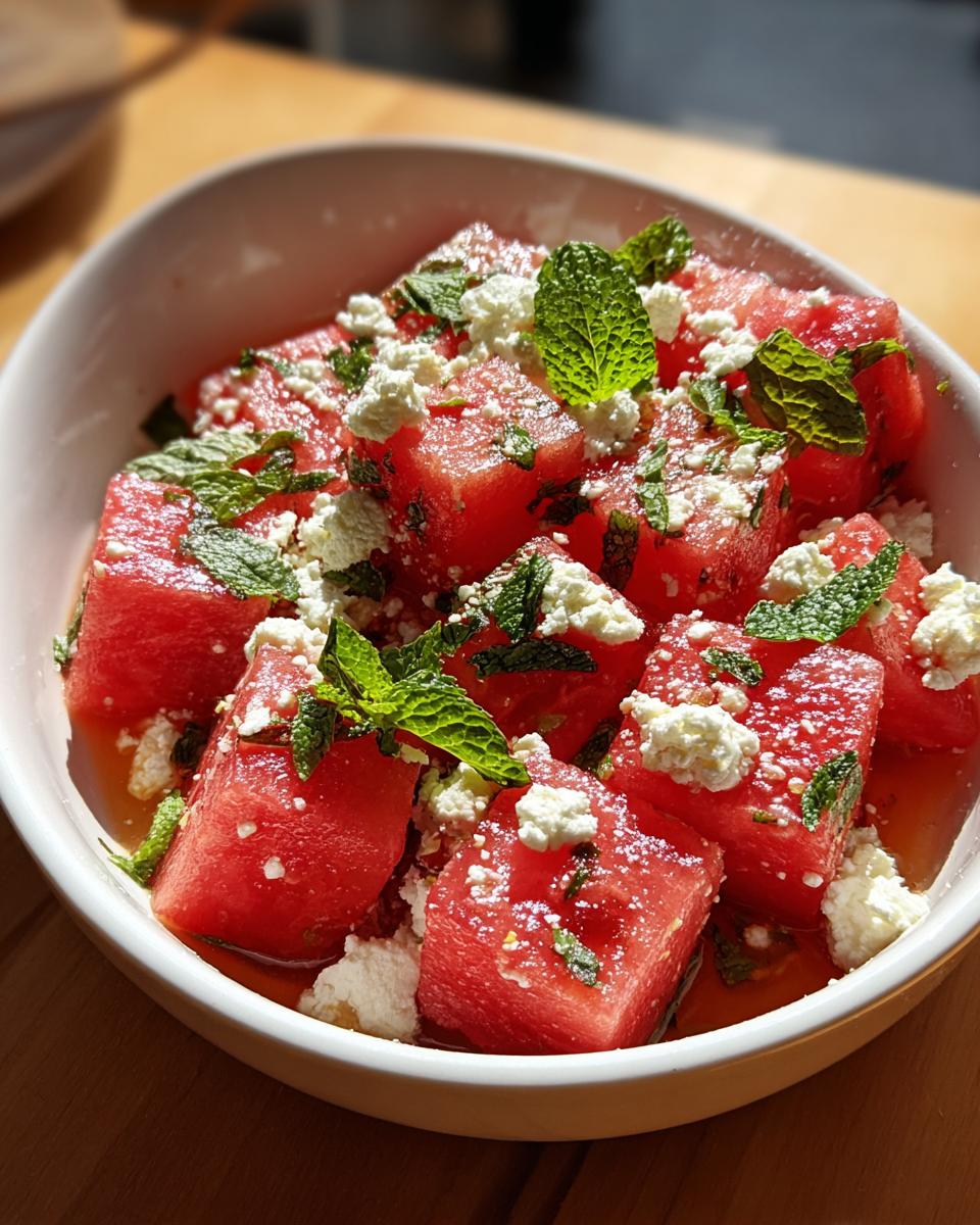 Close-up of a refreshing Watermelon feta salad with fresh mint in a white bowl.