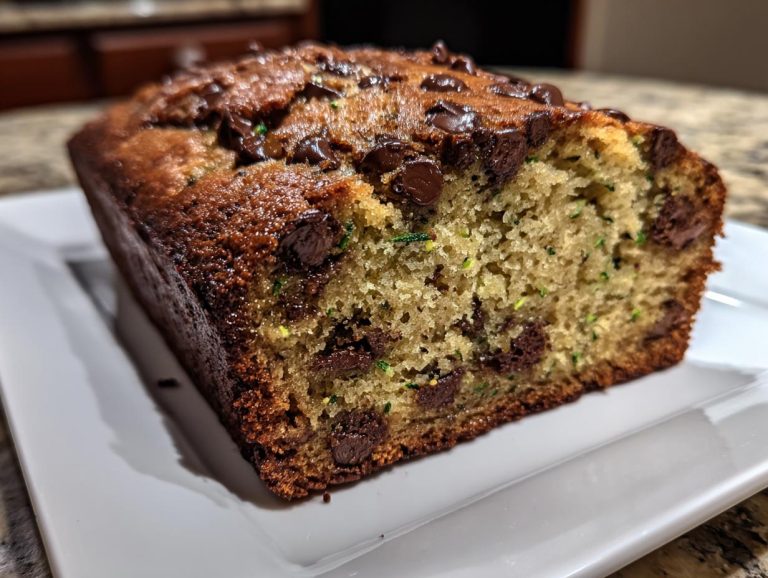 A loaf of moist zucchini bread with chocolate chips, showcasing the texture and ingredients.