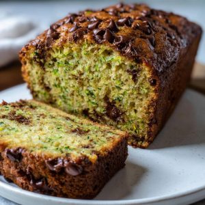 A loaf of zucchini bread with chocolate chips, with a slice cut and displayed on a plate.