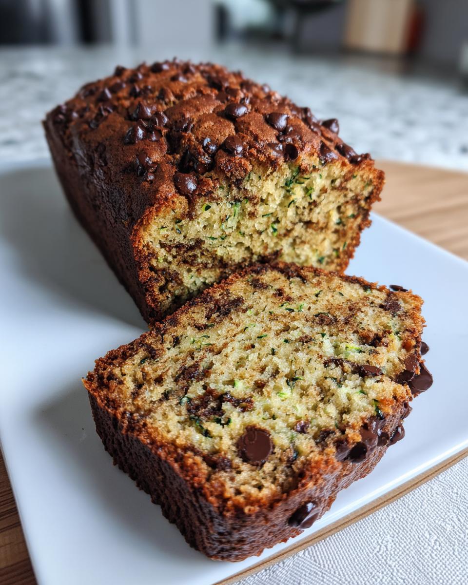 A loaf of zucchini bread with chocolate chips, with a slice cut and displayed on a white plate.