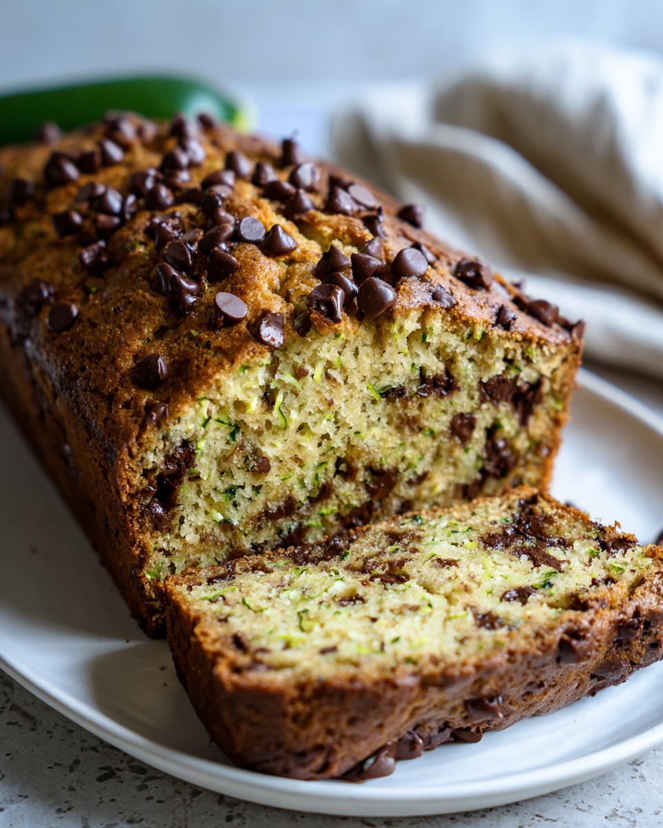 A loaf of zucchini bread with chocolate chips, with a slice cut, on a white plate.