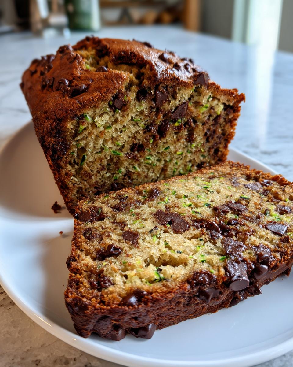 A loaf of zucchini bread with chocolate chips, with a slice cut, sits on a white plate.