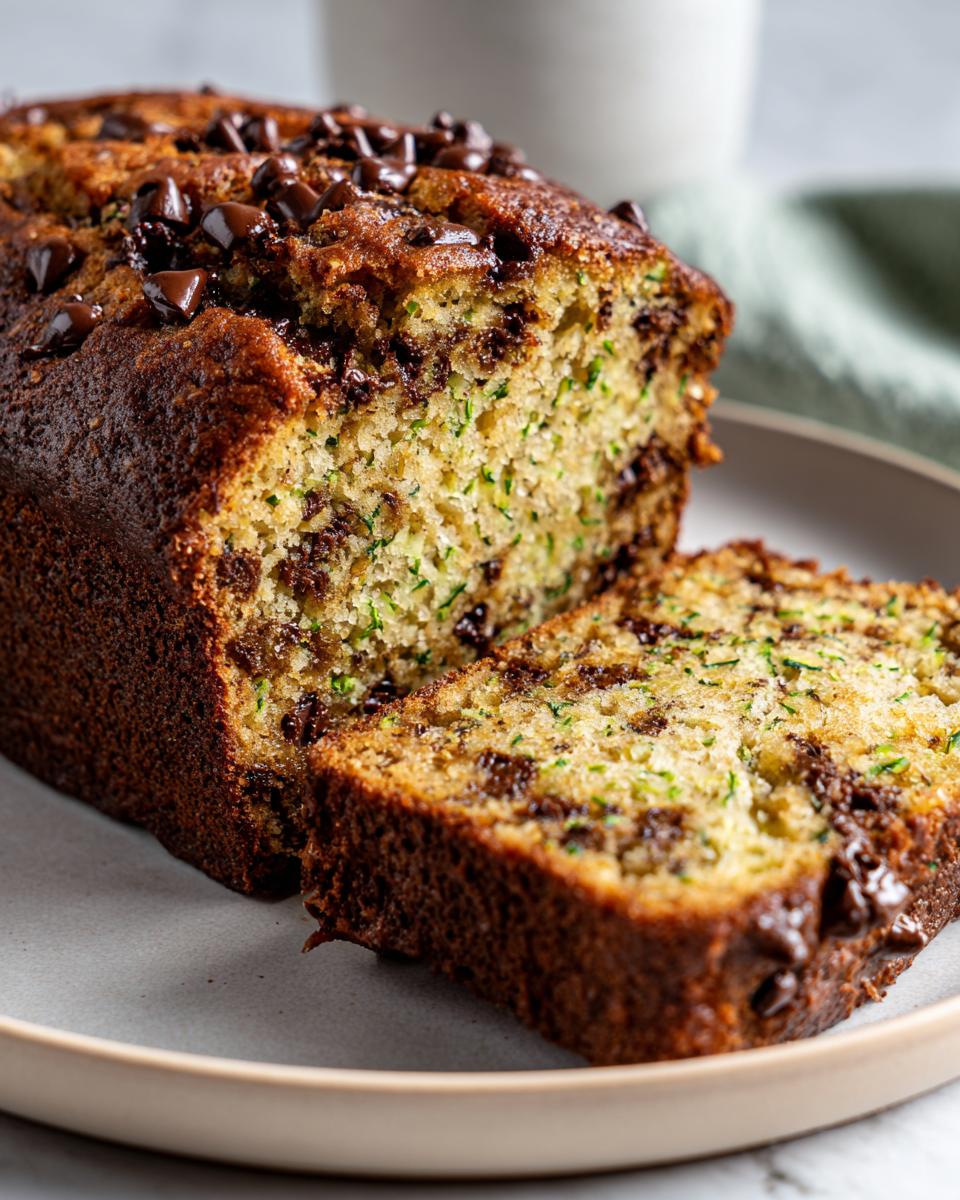 A loaf of zucchini bread with chocolate chips, with a slice cut, sitting on a plate.