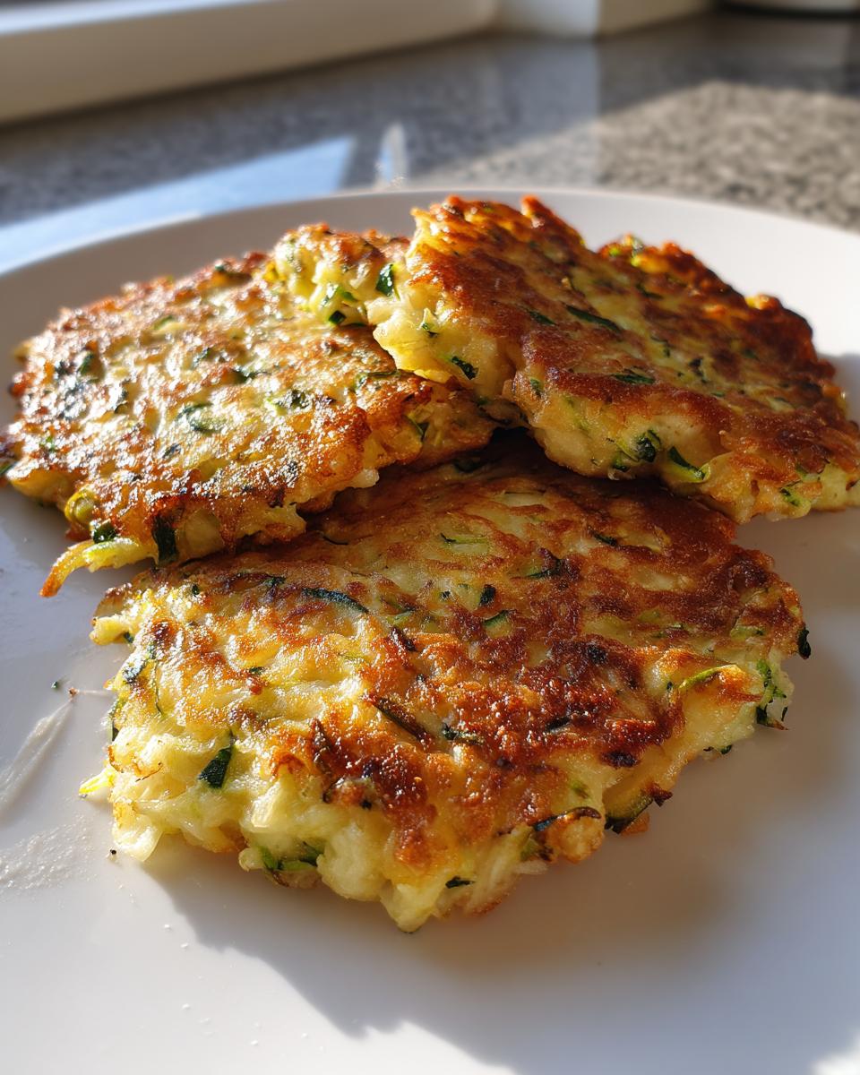 Three golden brown zucchini fritters stacked on a white plate, showing their crispy texture.