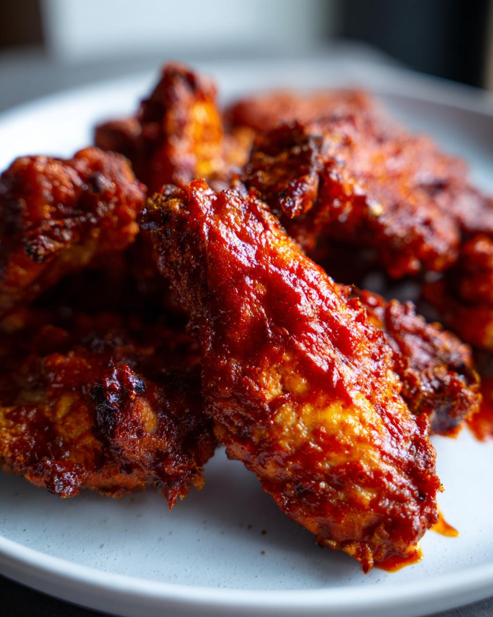 Close-up of glossy, red buffalo wings cooked in an air fryer, piled on a white plate.