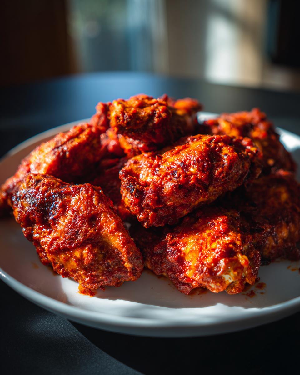 A close-up shot of a pile of crispy air fryer buffalo wings coated in a vibrant red sauce on a white plate.