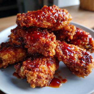 A close-up of a pile of crispy air fryer buffalo wings coated in a glossy, reddish-brown sauce.