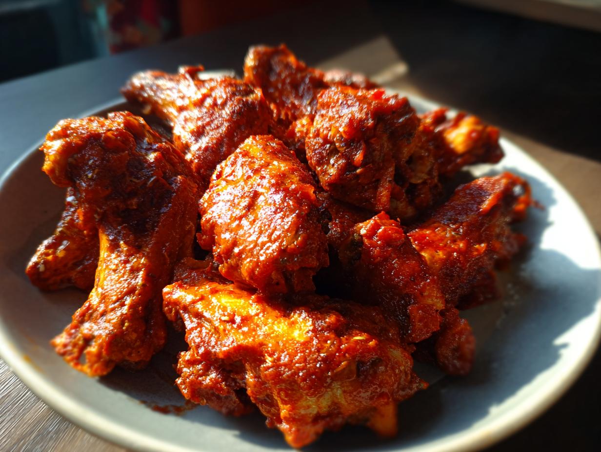 A close-up of a plate piled high with crispy air fryer buffalo wings coated in a vibrant red sauce.