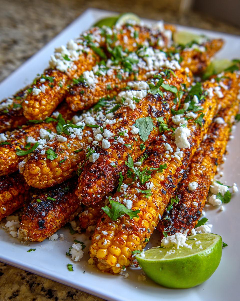 A close-up of air fryer corn ribs seasoned with spices, topped with crumbled cheese and cilantro, served with lime wedges.