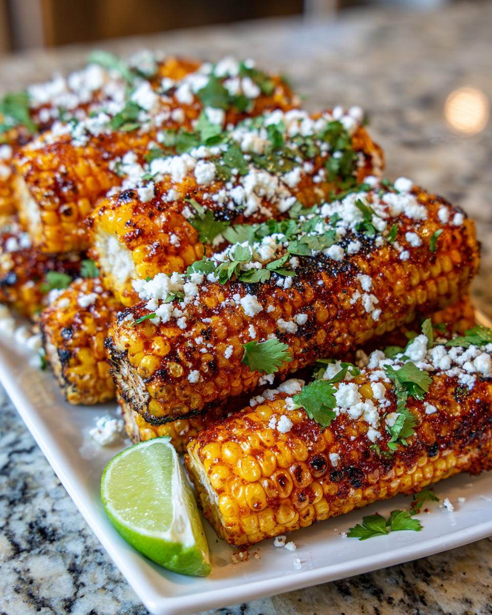 A plate of air fryer corn ribs seasoned with spices, topped with crumbled cheese and fresh cilantro, with a lime wedge.
