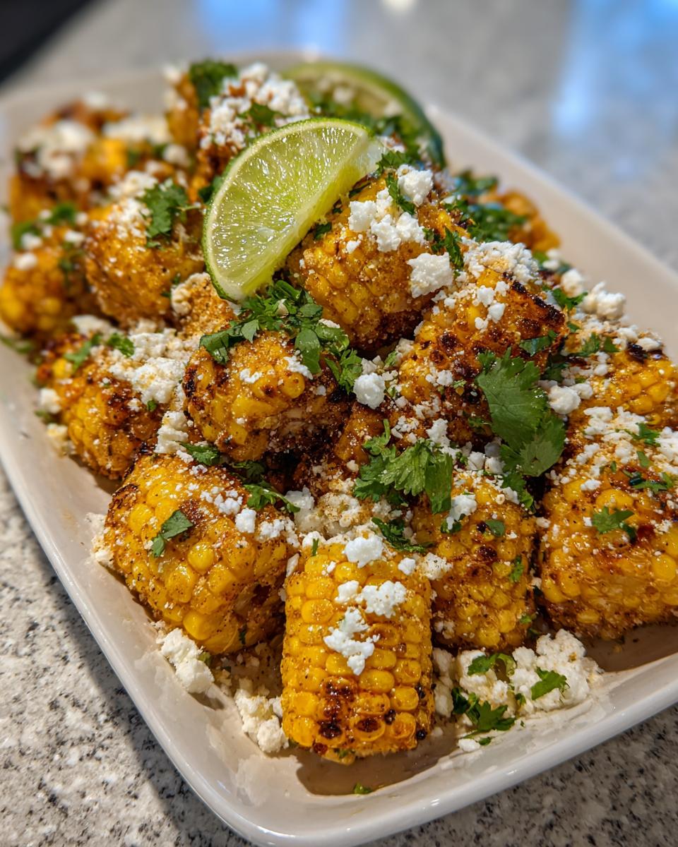 A close-up of air fryer corn ribs seasoned with spices, topped with crumbled cheese and fresh cilantro, garnished with lime wedges.