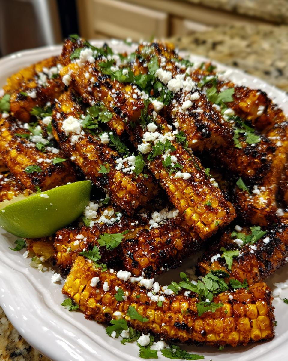 A close-up of air fryer corn ribs seasoned and topped with crumbled cheese and cilantro, with a lime wedge on the side.