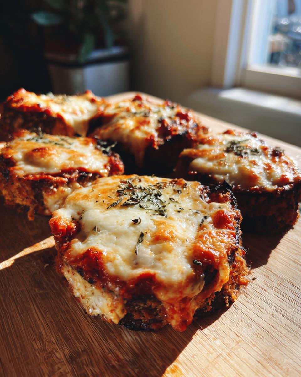 Close-up of crispy air fryer eggplant parmesan bites topped with melted cheese and herbs.