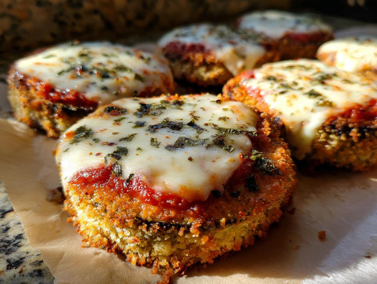 Close-up of crispy air fryer eggplant parmesan bites topped with melted mozzarella and herbs.