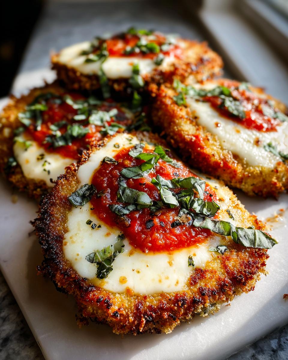 Close-up of crispy air fryer eggplant parmesan topped with melted mozzarella, marinara sauce, and fresh basil.